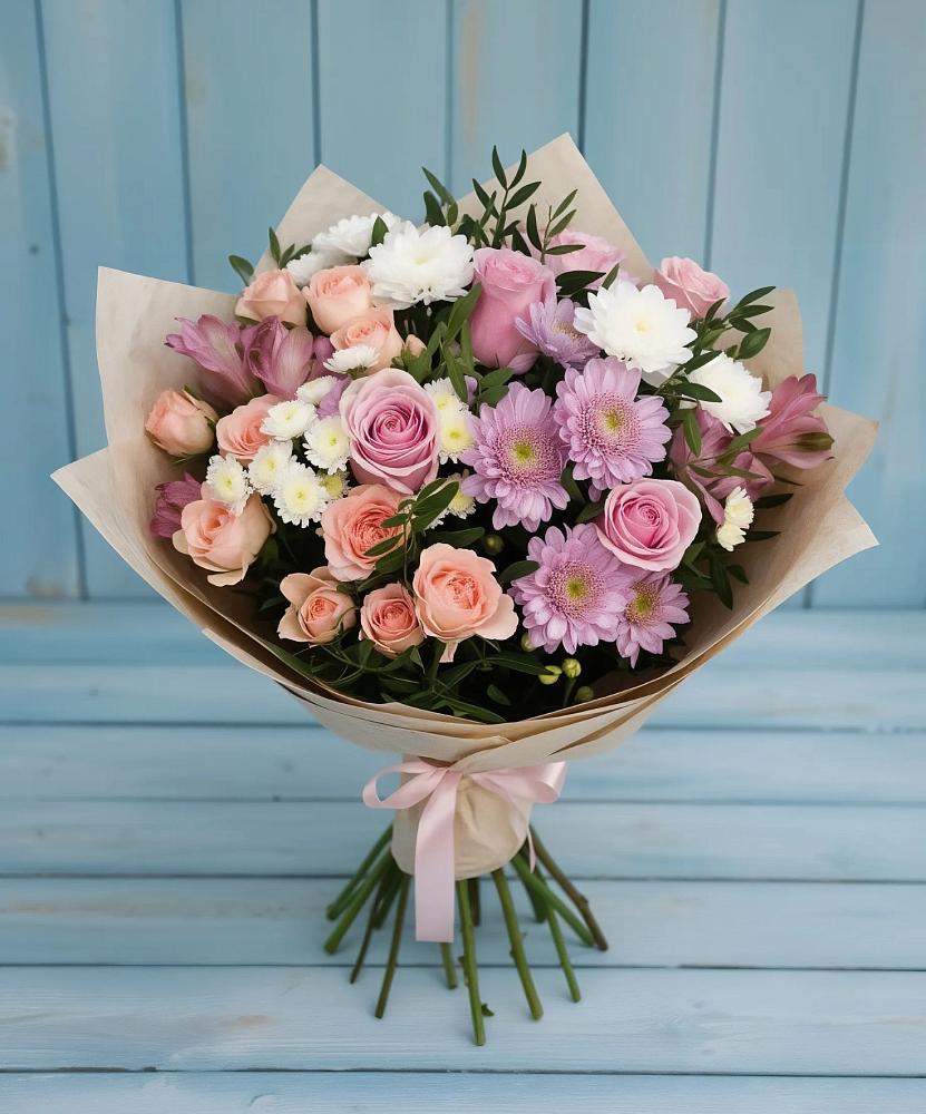 Букет цветов из: Хризантемы, Розы и Альстромерии в Искре