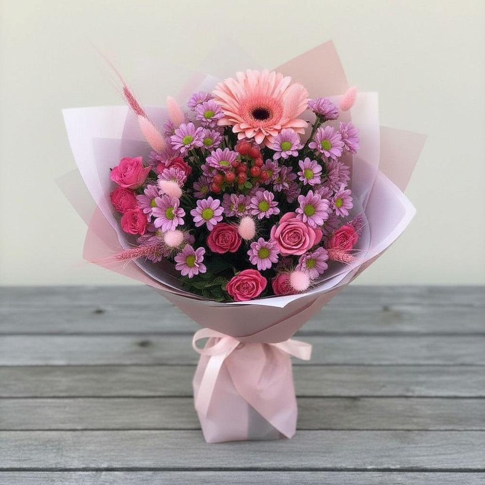 Букет цветов из: Розы, Герберы и Хризантемы в Искре