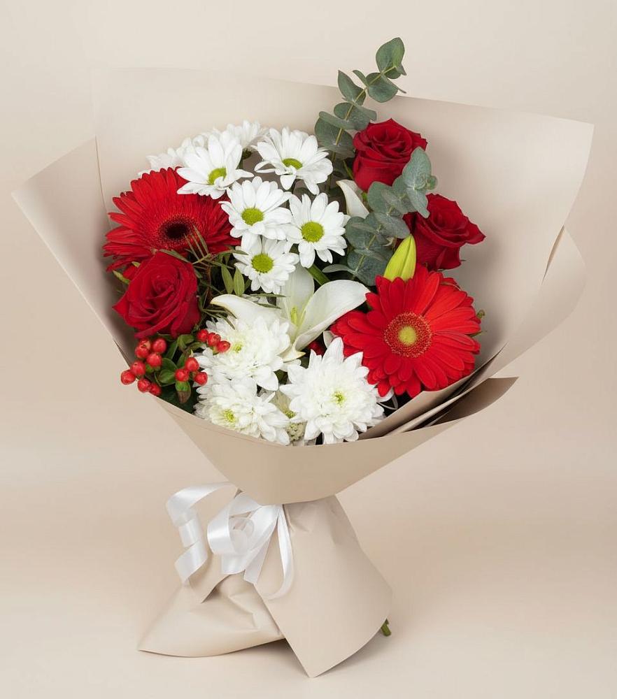 Букет цветов из: Розы, Хризантемы, Герберы и Лилии в Искре